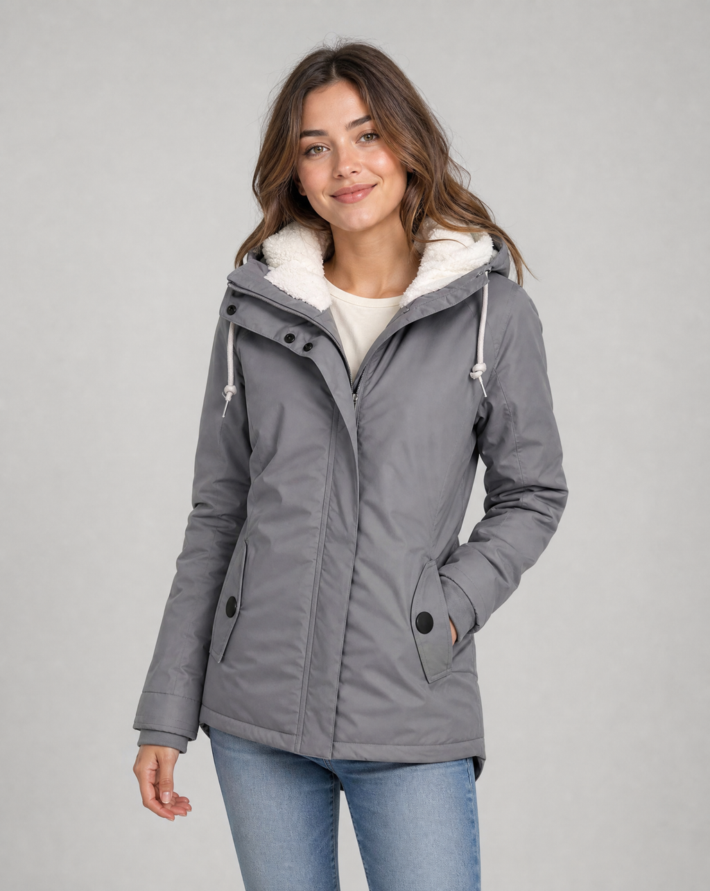 Hooded Rain Jacket Women's Grey Sherpa-Lined Waterproof Parka – Casual, Everyday, Winter, Gift