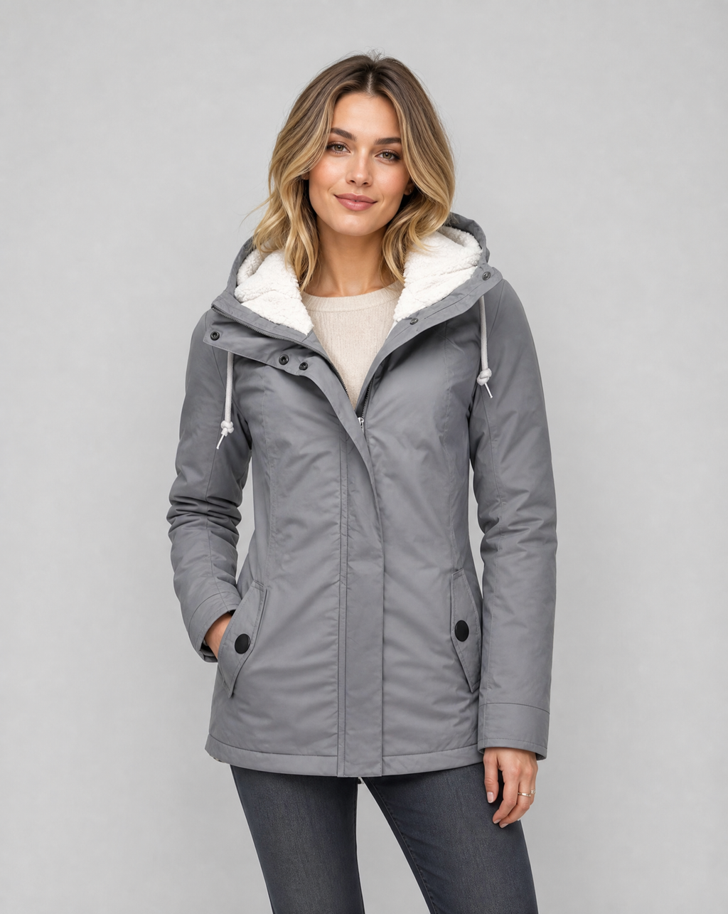 Hooded Rain Jacket Women's Grey Sherpa-Lined Waterproof Parka – Casual, Everyday, Winter, Gift