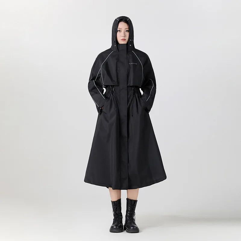 Hooded Raincoat Longline Waterproof Women's White – Cycling, Outdoor, Travel Rain Jacket