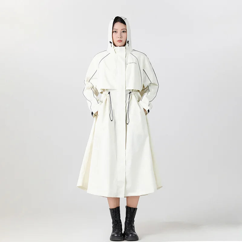 Hooded Raincoat Longline Waterproof Women's White – Cycling, Outdoor, Travel Rain Jacket