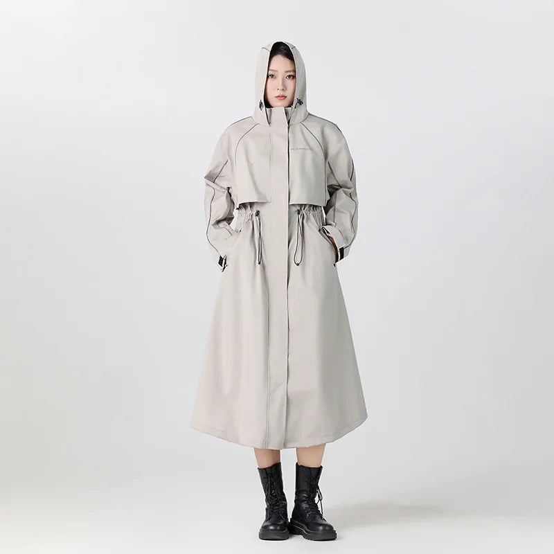 Hooded Raincoat Longline Waterproof Women's White – Cycling, Outdoor, Travel Rain Jacket