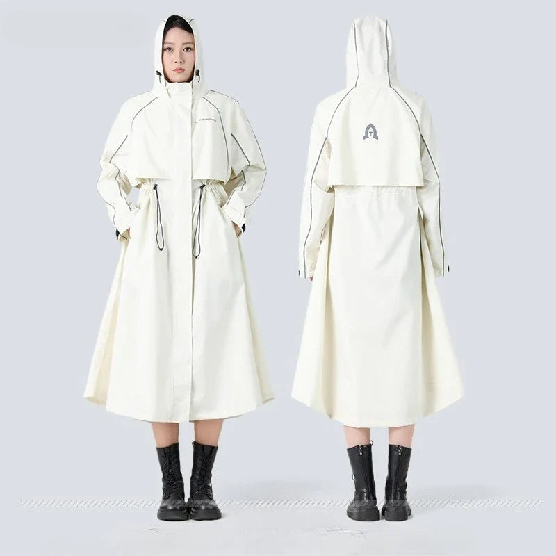 Hooded Raincoat Longline Waterproof Women's White – Cycling, Outdoor, Travel Rain Jacket