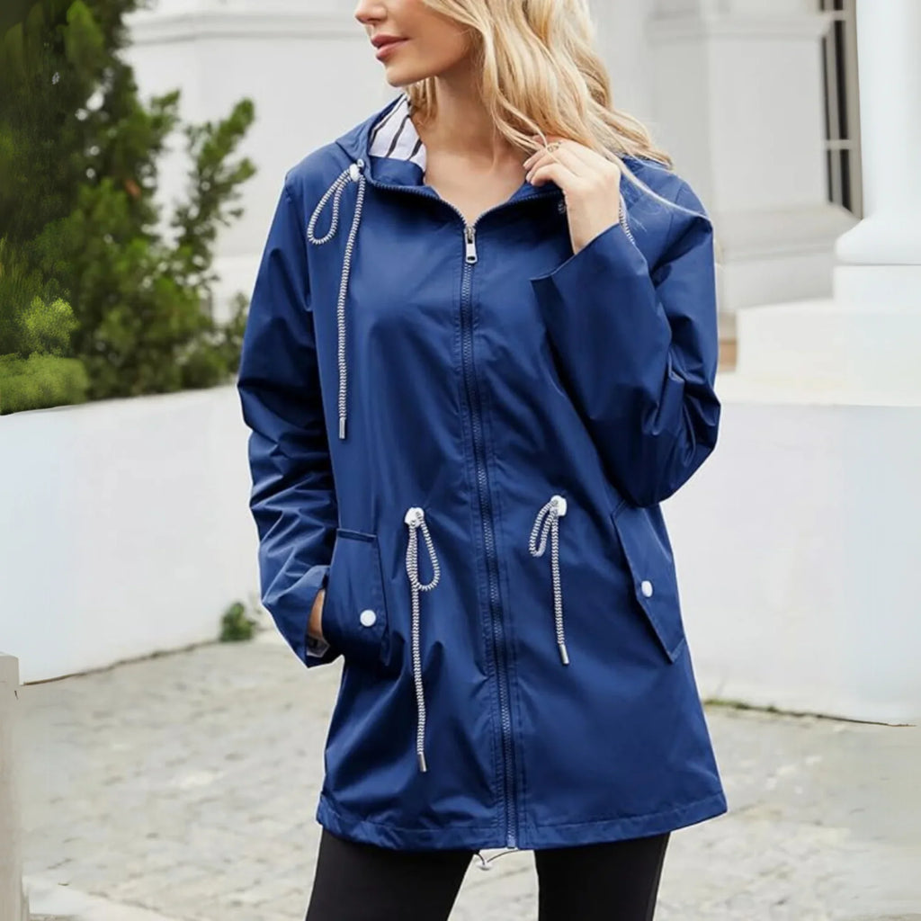 Hooded Raincoat Navy Women's Waterproof Jacket Drawstring Striped Lining – Outdoor, Casual, Holiday