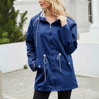 Hooded Raincoat Navy Women's Waterproof Jacket Drawstring Striped Lining – Outdoor, Casual, Holiday