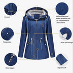 Hooded Raincoat Navy Women's Waterproof Jacket Drawstring Striped Lining – Outdoor, Casual, Holiday