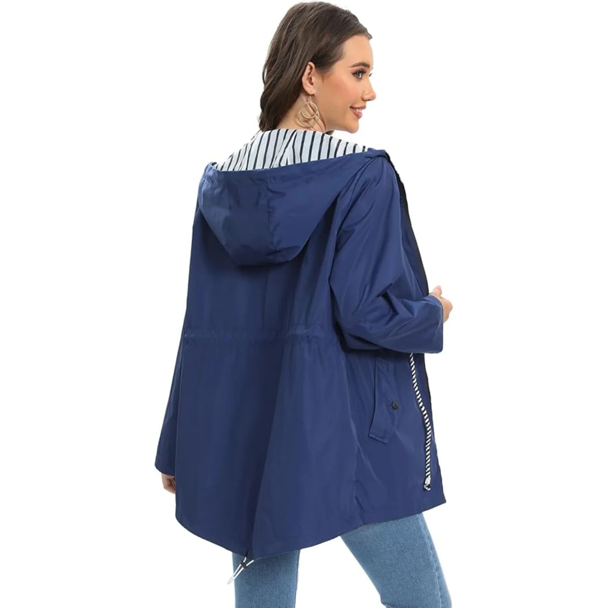 Hooded Raincoat Navy Women's Waterproof Jacket Drawstring Striped Lining – Outdoor, Casual, Holiday
