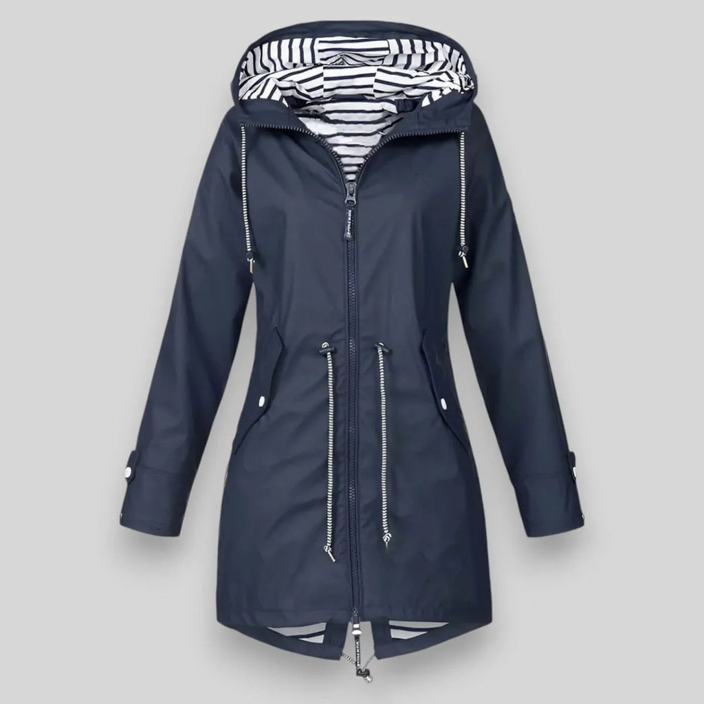 Hooded Raincoat Navy Women's Waterproof Jacket Drawstring Striped Lining – Outdoor, Casual, Holiday