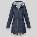 Hooded Raincoat Navy Women's Waterproof Jacket Drawstring Striped Lining – Outdoor, Casual, Holiday