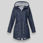 Hooded Raincoat Navy Women's Waterproof Jacket Drawstring Striped Lining – Outdoor, Casual, Holiday