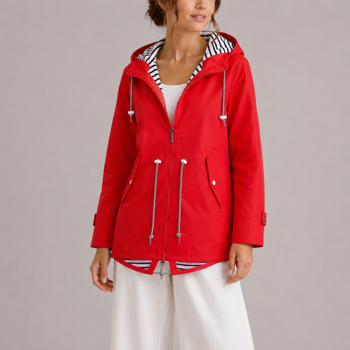 Hooded Raincoat Waterproof Pink Women's Striped Lining – Casual, Holiday, Everyday Rain Jacket