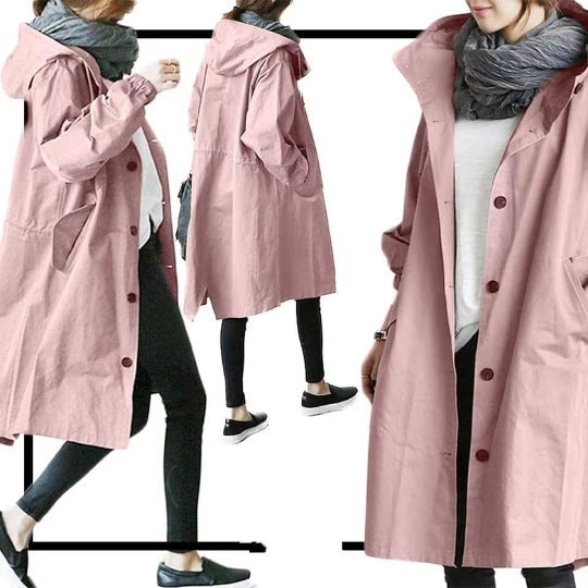 Hooded Trench Coat Red Women's Longline – Casual, Office, Holiday, Everyday Rain Jacket with Buttons