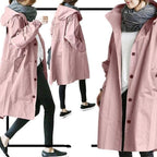 Hooded Trench Coat Red Women's Longline – Casual, Office, Holiday, Everyday Rain Jacket with Buttons
