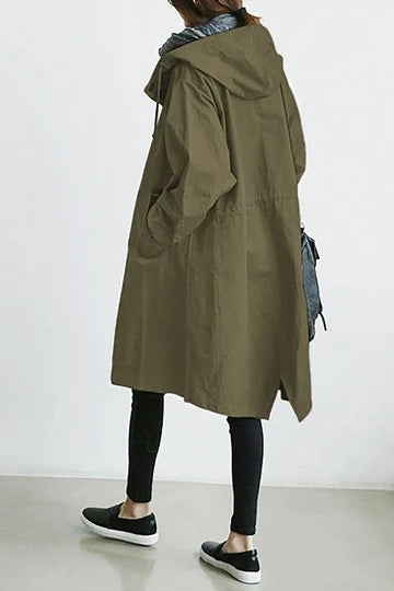 Hooded Trench Coat Red Women's Longline – Casual, Office, Holiday, Everyday Rain Jacket with Buttons