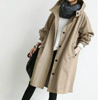 Hooded Trench Coat Red Women's Longline – Casual, Office, Holiday, Everyday Rain Jacket with Buttons