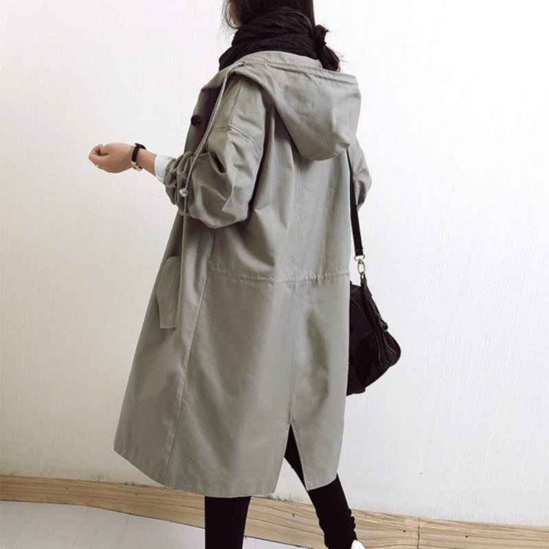 Hooded Trench Coat Red Women's Longline – Casual, Office, Holiday, Everyday Rain Jacket with Buttons