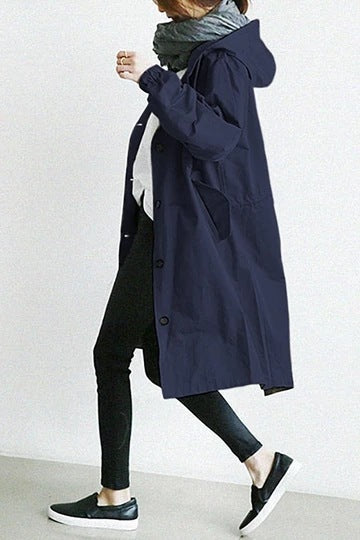 Hooded Trench Coat Red Women's Longline – Casual, Office, Holiday, Everyday Rain Jacket with Buttons