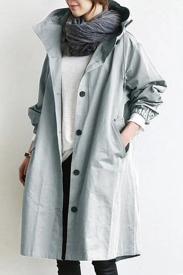 Hooded Trench Coat Red Women's Longline – Casual, Office, Holiday, Everyday Rain Jacket with Buttons