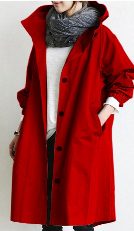 Hooded Trench Coat Red Women's Longline – Casual, Office, Holiday, Everyday Rain Jacket with Buttons