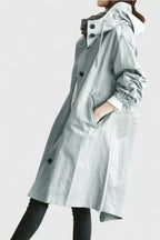 Hooded Trench Coat Women's Grey Loose Longline Button-Up – Casual, Office, Holiday, Gift