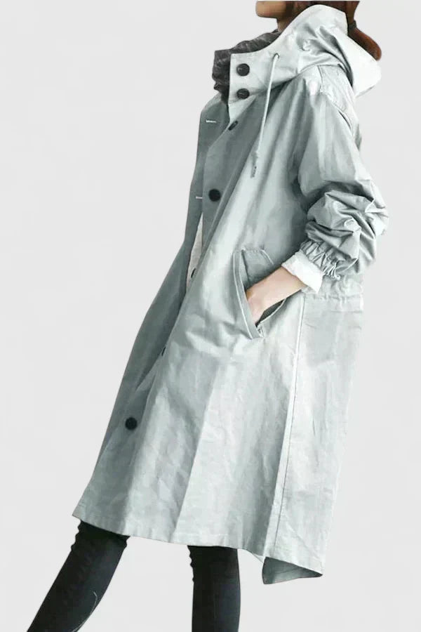 Hooded Trench Coat Women's Light Blue Button-Up Longline – Casual, Office · Werune
