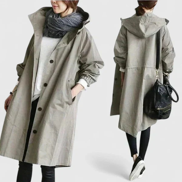 Hooded Trench Coat Women's Light Blue Button-Up Longline – Casual, Office · Werune