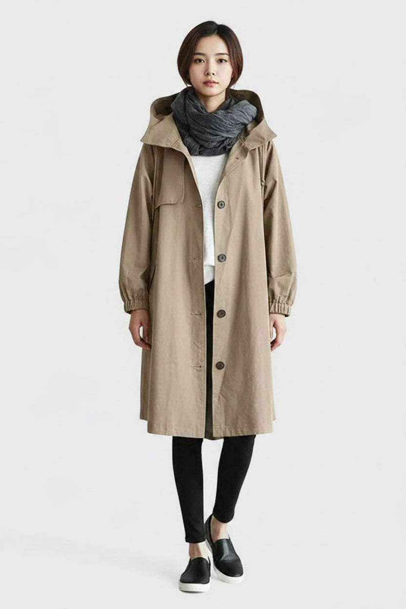 Hooded Trench Coat Women's Light Blue Button-Up Longline – Casual, Office · Werune
