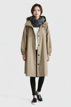 Hooded Trench Coat Women's Light Blue Button-Up Longline – Casual, Office · Werune