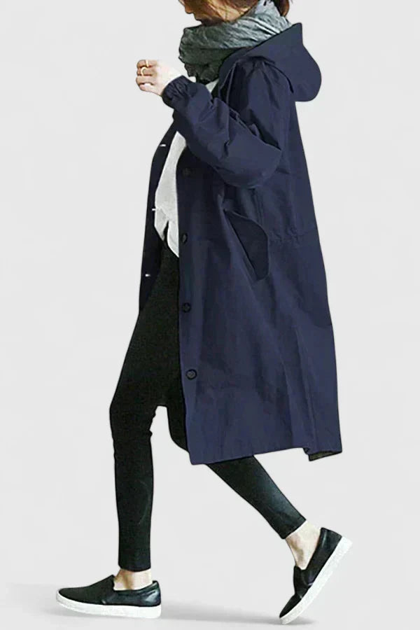 Hooded Trench Coat Women's Light Blue Button-Up Longline – Casual, Office · Werune