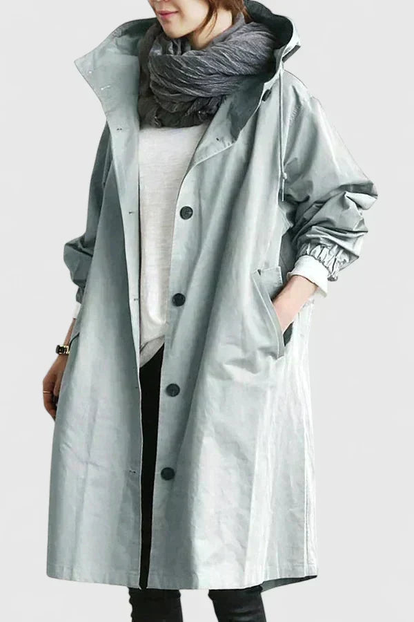 Hooded Trench Coat Women's Light Blue Button-Up Longline – Casual, Office · Werune