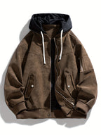 Hooded Utility Jacket Men's Black Zip-Up Cargo Pockets Drawstring – Casual, Everyday