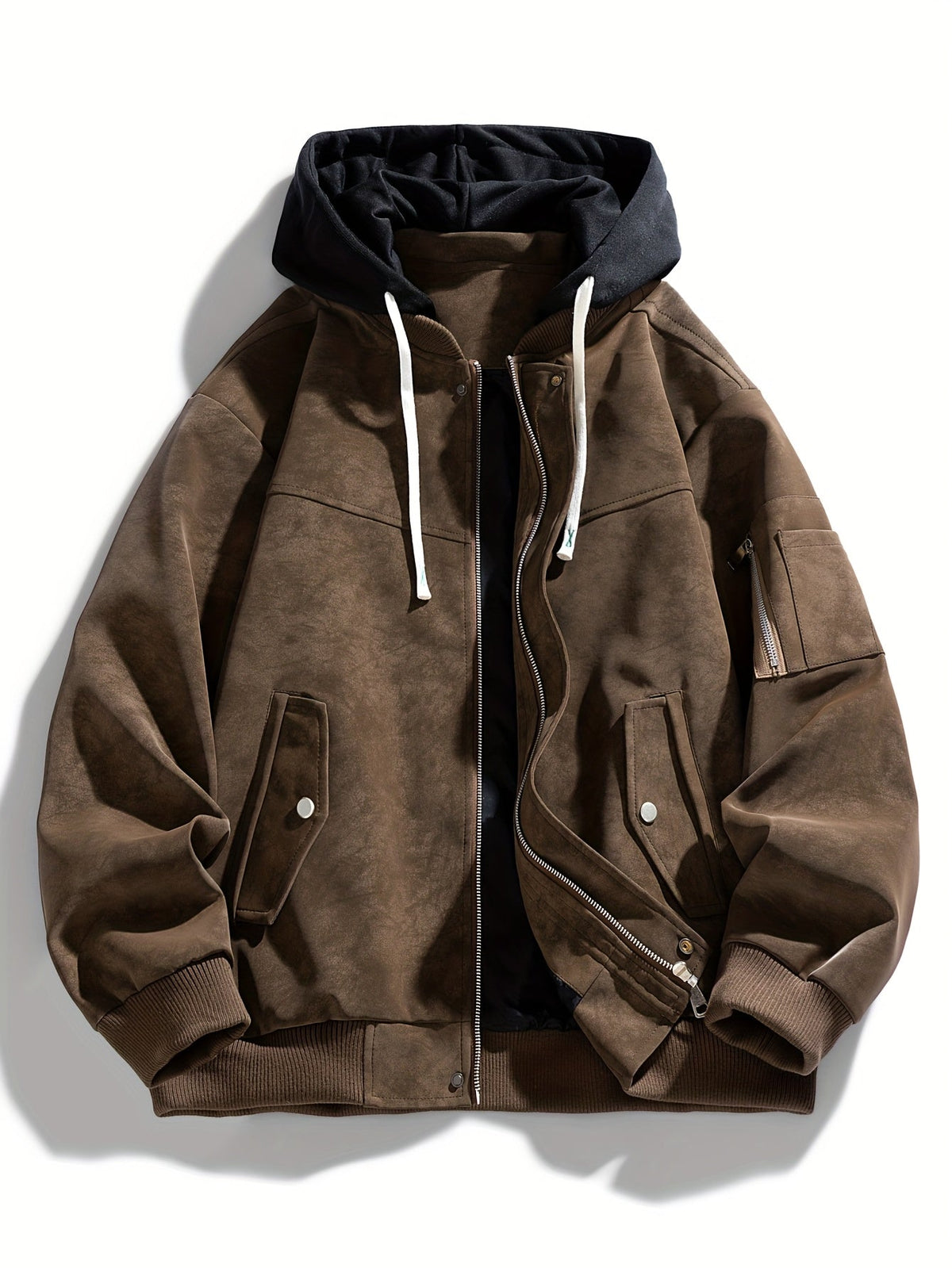 Hooded Utility Jacket Men's Black Zip-Up Cargo Pockets Drawstring – Casual, Everyday