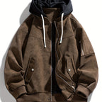 Hooded Utility Jacket Men's Black Zip-Up Cargo Pockets Drawstring – Casual, Everyday