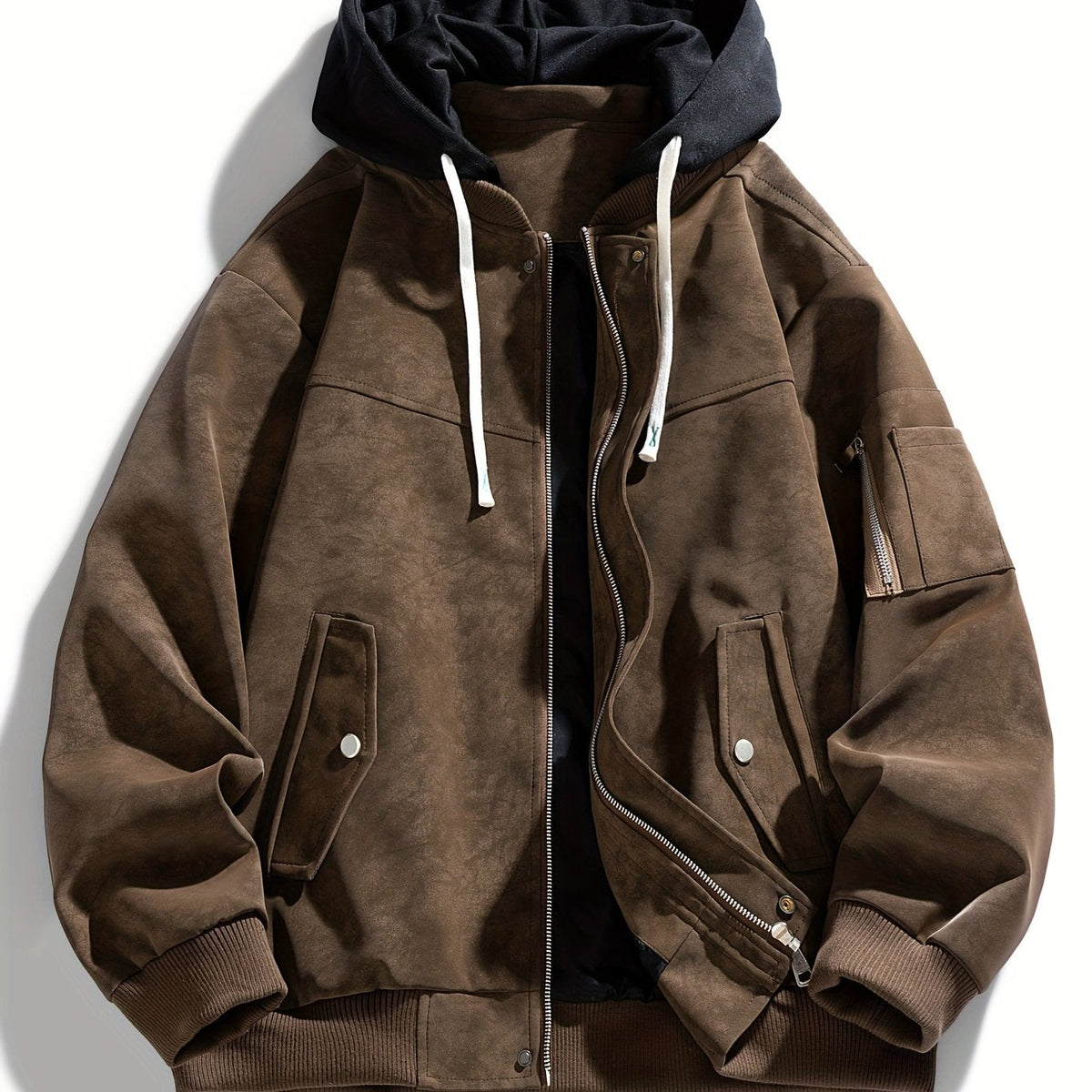 Hooded Utility Jacket Men's Black Zip-Up Cargo Pockets Drawstring – Casual, Everyday