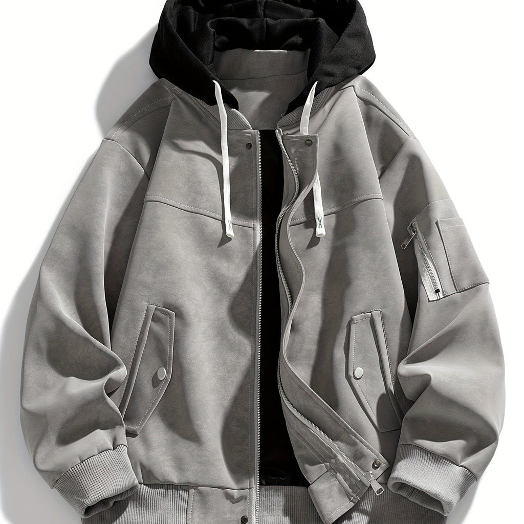 Hooded Utility Jacket Men's Black Zip-Up Cargo Pockets Drawstring – Casual, Everyday