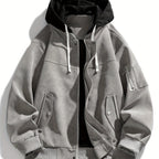 Hooded Utility Jacket Men's Black Zip-Up Cargo Pockets Drawstring – Casual, Everyday