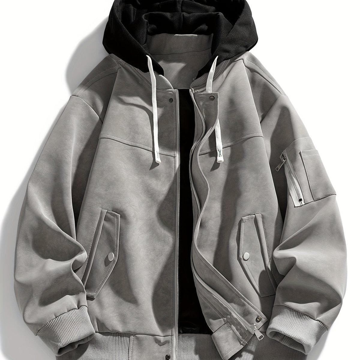 Hooded Utility Jacket Men's Black Zip-Up Cargo Pockets Drawstring – Casual, Everyday