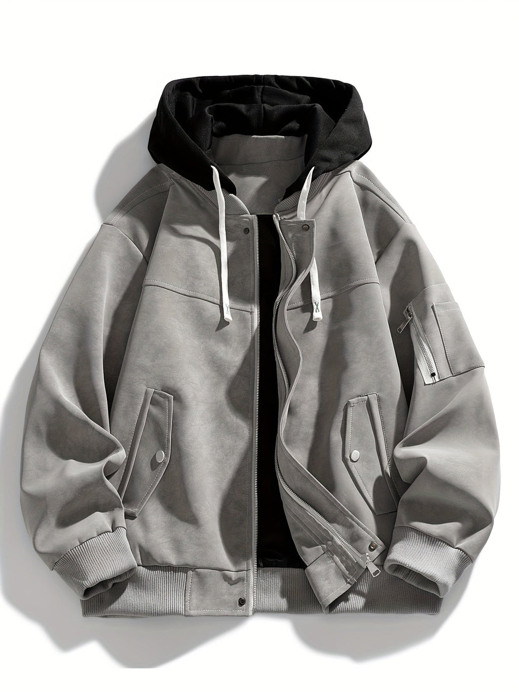 Hooded Utility Jacket Men's Black Zip-Up Cargo Pockets Drawstring – Casual, Everyday