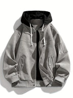 Hooded Utility Jacket Men's Black Zip-Up Cargo Pockets Drawstring – Casual, Everyday