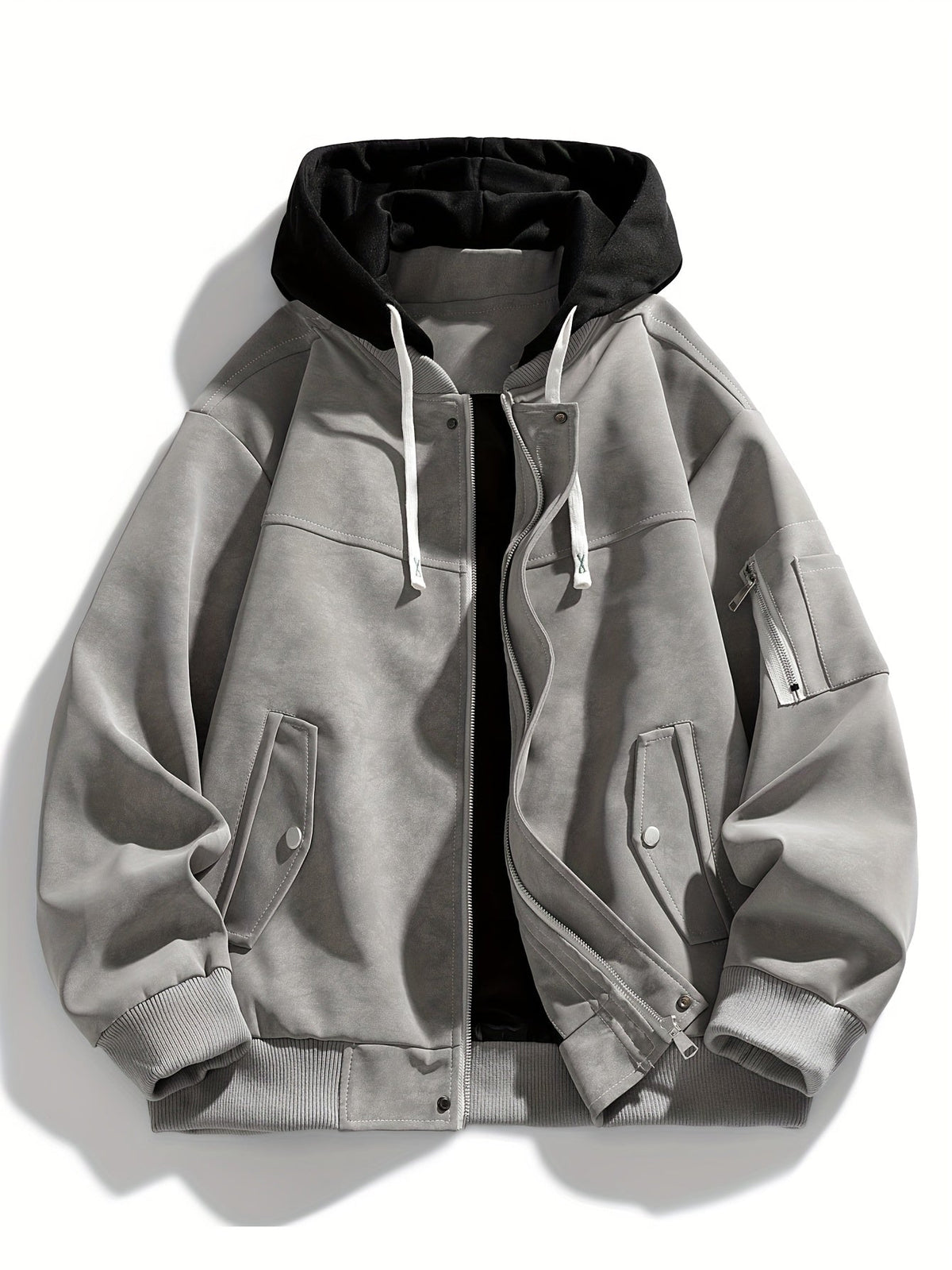 Hooded Utility Jacket Men's Black Zip-Up Cargo Pockets Drawstring – Casual, Everyday