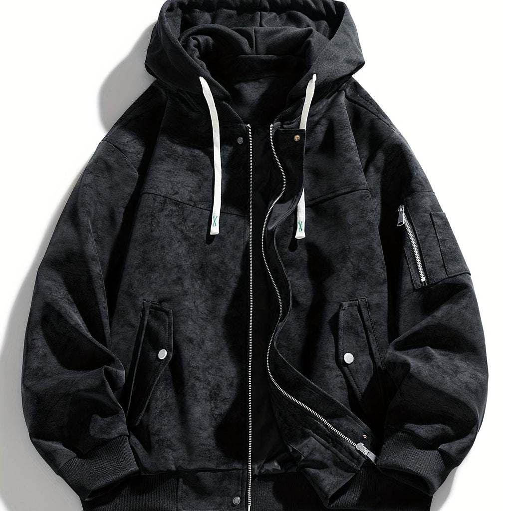 Hooded Utility Jacket Men's Black Zip-Up Cargo Pockets Drawstring – Casual, Everyday