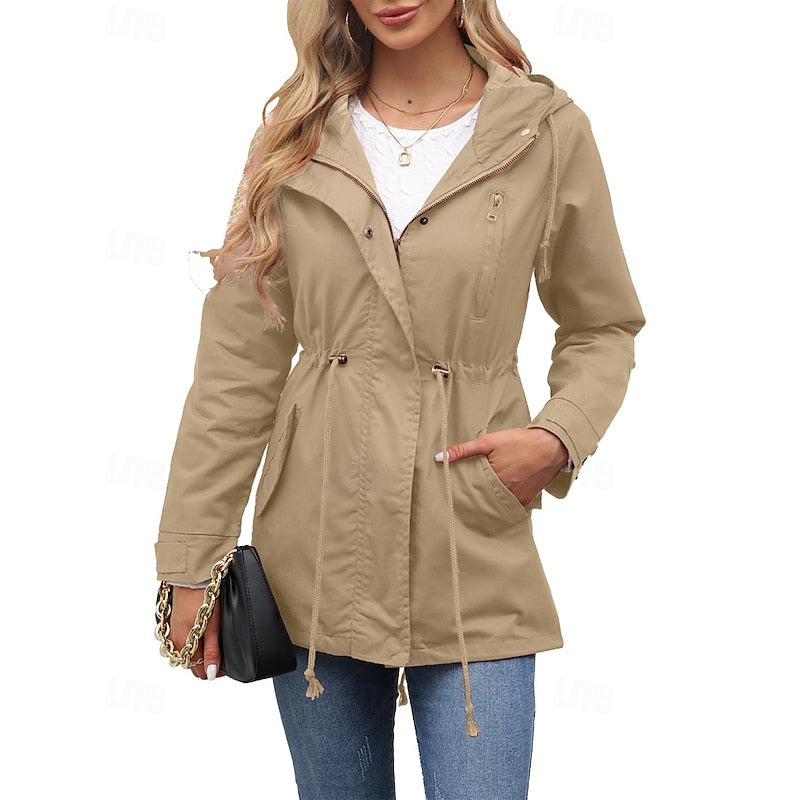 Hooded Utility Jacket Women's Army Green Drawstring Zip-Up – Casual, Office, Holiday