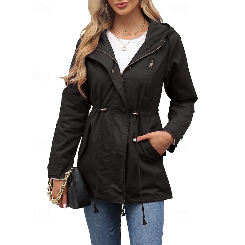 Hooded Utility Jacket Women's Army Green Drawstring Zip-Up – Casual, Office, Holiday