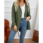 Hooded Utility Jacket Women's Army Green Drawstring Zip-Up – Casual, Office, Holiday