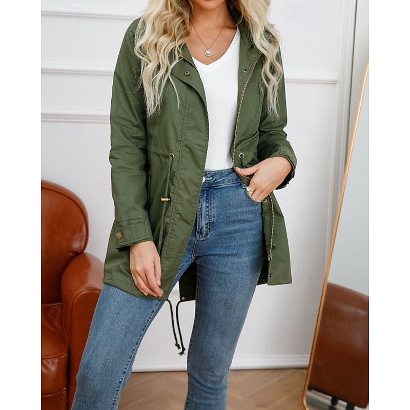 Hooded Utility Jacket Women's Army Green Drawstring Zip-Up – Casual, Office, Holiday