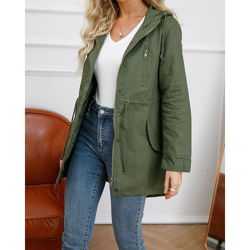 Hooded Utility Jacket Women's Army Green Drawstring Zip-Up – Casual, Office, Holiday