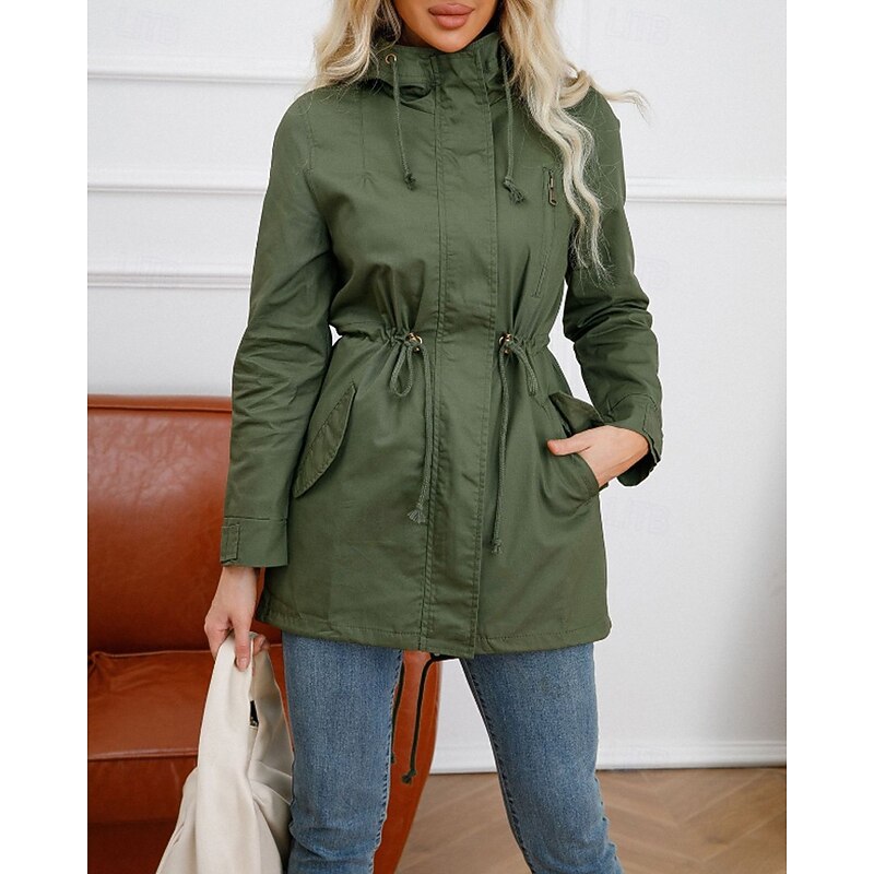 Hooded Utility Jacket Women's Army Green Drawstring Zip-Up – Casual, Office, Holiday