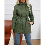 Hooded Utility Jacket Women's Army Green Drawstring Zip-Up – Casual, Office, Holiday