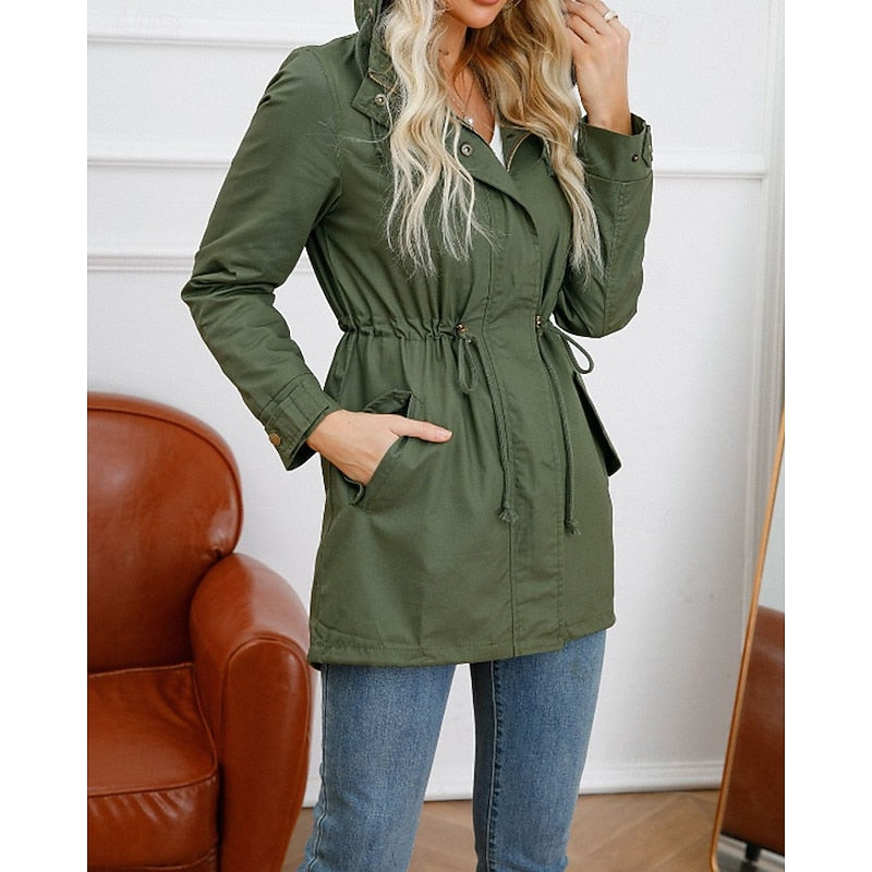 Hooded Utility Jacket Women's Army Green Drawstring Zip-Up – Casual, Office, Holiday