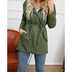 Hooded Utility Jacket Women's Army Green Drawstring Zip-Up – Casual, Office, Holiday