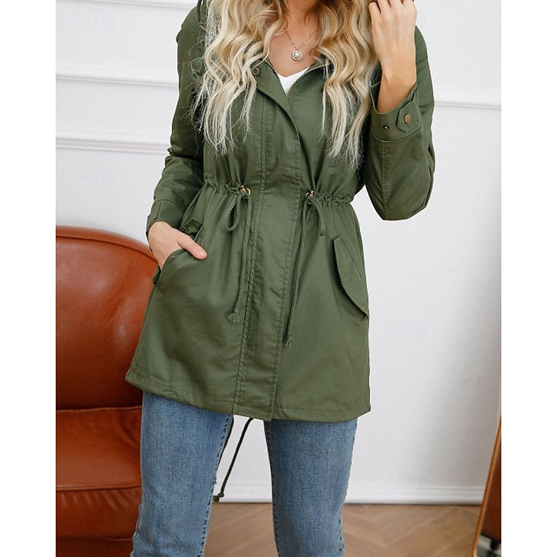 Hooded Utility Jacket Women's Army Green Drawstring Zip-Up – Casual, Office, Holiday